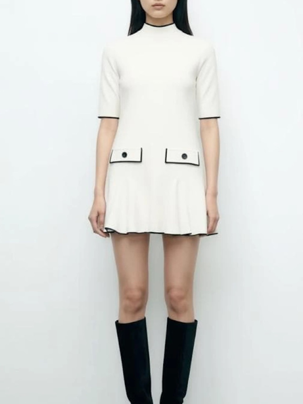 Zara White Short-Sleeve A-Line Dress with Contrast Trim